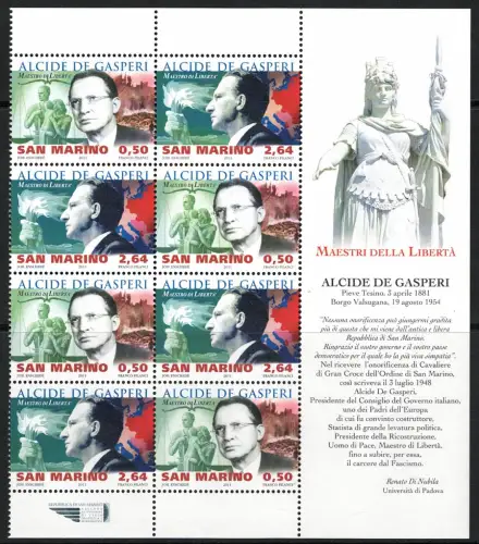 2011 San Marino, Figurierter Eckblock Alcide De Gasperi # S.32 - MNH **