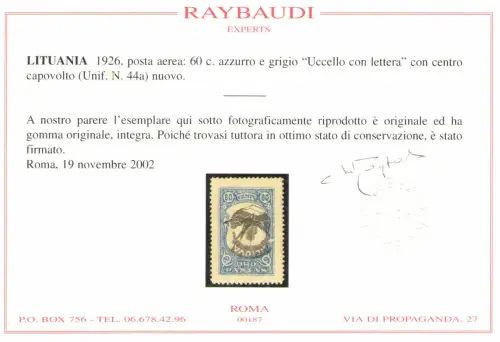 1926 Litauen - Luftpost - 60 Cent, Vogel, Mitte umgedreht Nr. 44a, postfrisch**