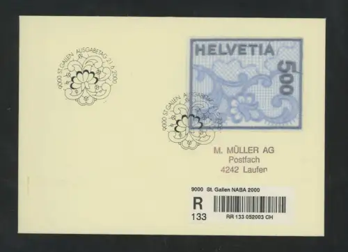 2000 SCHWEIZ, St. Galler Spitze einzeln auf offiziellem Umschlag, gebraucht