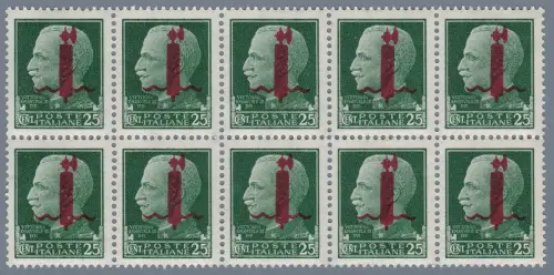 1944 RSI, Nr. 490 25c. grüner BLOCK VON 10 MNH ** Signiert Raybaudi auf jedem Wert