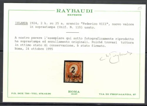 1924-26 Island, Nr. 110 - 2 k. auf 25 v. Chr. - Gebraucht Raybaudi Zertifikat
