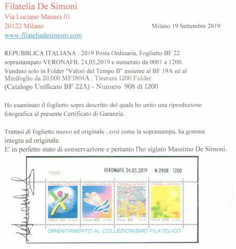 2019 Italien - Republik, Blatt BF 22A Briefmarke Unser Freund überdruckt Veronafil 24.05.2019 - Nr.0908 von 1200 Zertifikat De Simoni MNH **