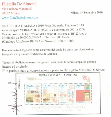 2019 Italien - Republik, Blatt BF 19A Ausstellung. Mondiale Philatelie überdruckt Veronafil 24.05.2019 - Nr.0908 von 1200 Zertifikat De Simoni MNH **