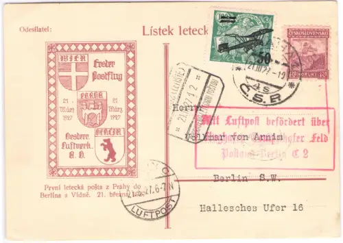 1927 TSCHECHOSLOWAKEI, ERSTFLUG PRAHA-BERLIN SONDERCARTE - Sonderkarte I. FlugDLH/CSA