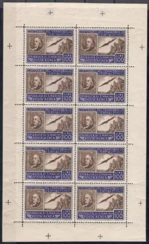 1947 SAN MARINO, Amerikanisches Kleinblatt, Nr. 15 - Signiert Enzo Diena - Wunderschön ohne Falten - MNH ** Zertifikat Cilio