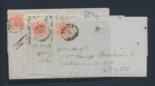 1852-54 LOMBARDO VENETO, 15 Cent rot, III Typ, Nr. 6, 3 verschiedene Farben - 3 Umschläge