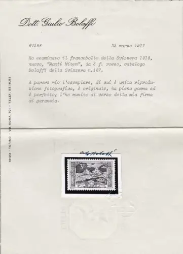1918 SCHWEIZ, Nr. 167 Monti Miten, 3 Franken rot postfrisch** - Bolaffi Zertifikat