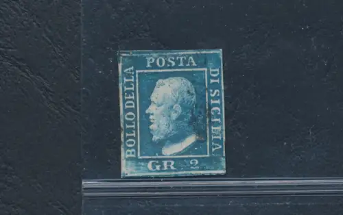 1859 SIZILIEN, Nr. 6 - 2 blaue Körnung, I Tafel, Retusche Nr. 92 hellblau GEBRAUCHT - Signiert Sorani