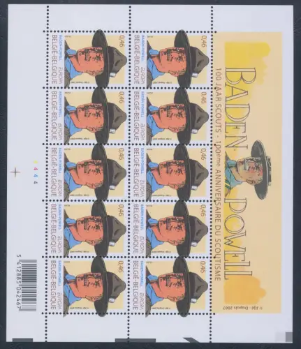 2007 EUROPA CEPT, Belgien, 1 Kleinbogen mit 10 Serien, 100 Jahre Pfadfinderschaft, postfrisch **