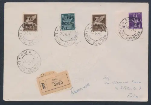 1945 Istrien (Pula), jugoslawische Besetzung, schöne Einschreiben Pula nach Pula, ungewöhnlich