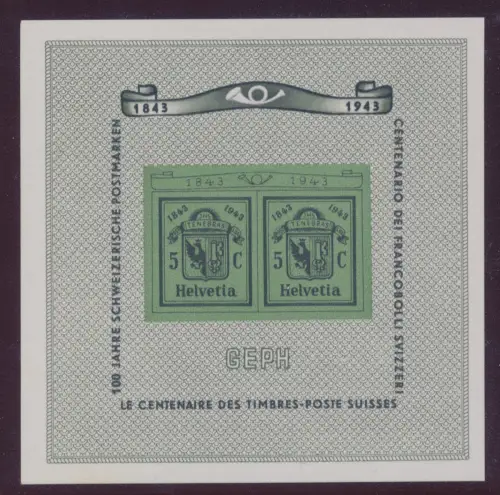 1943 SCHWEIZ, BF Nr. 10, Hundertjahrfeier der Genfer Kantonsmarke, postfrisch**