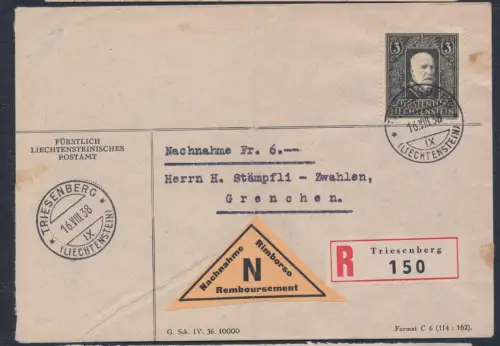 1938 Liechtenstein, Zumstein Nr. 142, II. Nutzungstag, 3 Franken azz. Violett, Bildnis von Prinz Franz I.