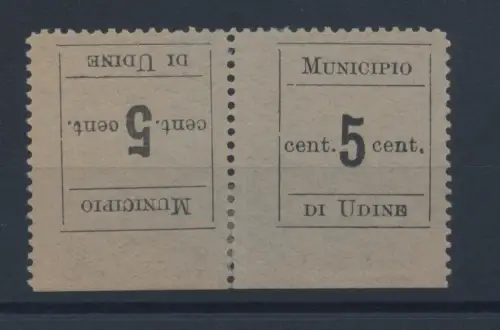 1918 Rathaus von Udine, 5 Cent schwarz auf blaugrünem Papier, Tete-Beche - horizontal - MLH ** Signiert / Signiert Alberto Diena