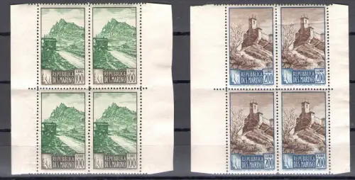 1949 SAN MARINO, Serie Paesaggi, Nr. 342/355,16 Werte in wunderschönen Viererblöcken, inklusive der 2 Zusatzwerte, postfrisch**