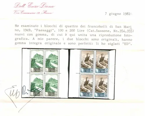 1949 SAN MARINO, Serie Paesaggi, Nr. 342/355,16 Werte in wunderschönen Viererblöcken, inklusive der 2 Zusatzwerte, postfrisch**