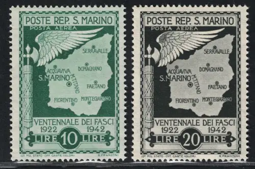 1943 San Marino, 20 Jahre Fasci Non Emessi, Posta Aerea # 32/33, MNH **