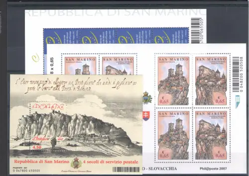 2007 San Marino, kompletter Jahrgang, 32 Werte + 4 Zettel - postfrisch **
