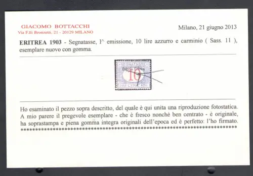 1903 ERITREA, Steuermarken Nr. 11, Kolonie Eritrea oben, 10 Lire Azzurro e Carminio, MNH ** - Sehr gute Zentrierung - Sorani-Zertifikat + Bottacchi