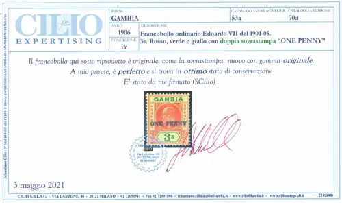 1906 GAMBIA, SG 70a - Yvert 53a, 3 Schilling Rot Grün und Gelb, Doppelaufdruck, Surch Double - MLH* - Rare