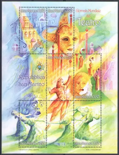 2011 San Marino, Welttheatertag, BF 112, Bogen mit 6 Werten, postfrisch **