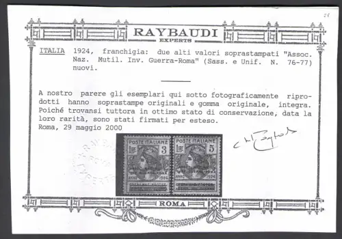 1924 Italien, Halbstaatliche Körperschaften, Nr. 76, Lire 3 dunkelflieder, Überdruck Ass. Naz. Inv. Romkrieg, postfrisch** - Fotokopie Raybaudy Herkunftszertifikat