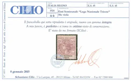 1924 Italien, halbstaatliche Körperschaften, Nr. 45, 50 Cent lila, Lega Nazionale di Trieste, 1 Wert, MNH ** - Zertifikat Cilio