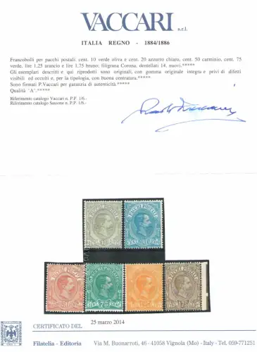 1884-86 Italien, Umberto I., Postpakete, komplette Serie 1/6, 6 Werte, Bildnis von Umberto I., postfrisch** - Vaccari Zertifikat