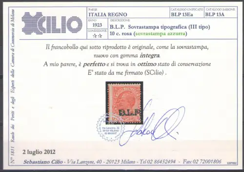 1923 Königreich Italien, BLP Nr. 13A, 10 Cent PINK, blauer Aufdruck, normale Zentrierung, postfrisch** - Zertifikat Chili