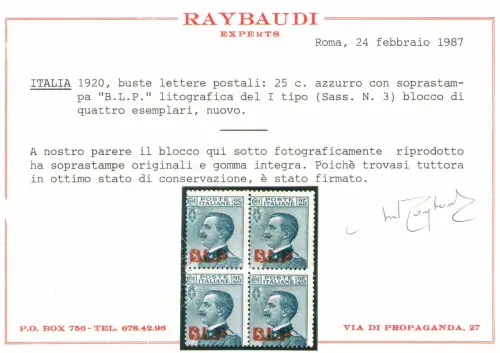 1921 Königreich Italien, BLP Nr. 3, 25 Cent Blau, lithographischer Aufdruck I. Typ, Mittelmäßige Zentrierung, MNH** - Raybaudi Zertifikat - Quartina - Block of Four