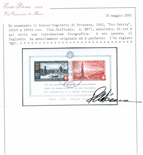 1942 SCHWEIZ, BF Nr. 7 Pro Patria - Zweitausendjährige Stadt Genf - Gebraucht - Diena Zertifikat