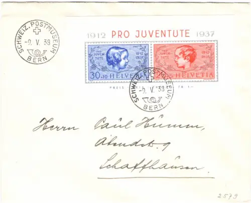 1937 SCHWEIZ, BF Nr. 3, Pro Juventute, gebrauchter Zettel auf Umschlag von Bern nach Shaffhausen