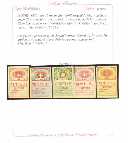 1870 ÖSTERREICH, Telegrafenmarken - Wiener Privatkompanie - Komplette Serie ungezähnt Nr. 17/21 - MLH* - Caffaz Zertifikat
