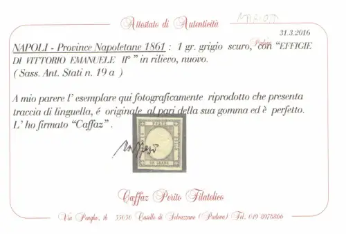 1861 NAPOLI-Province Napoletane, N. 19a, 1 dunkelgraue Körnung, MLH* - Caffaz Zertifikat