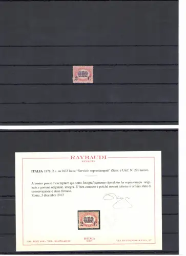 1878 Königreich Italien, 2 Cent auf 0,02 Lack, Nr. 29, Aufdruckservice, postfrisch** - Raybaudi Zertifikat