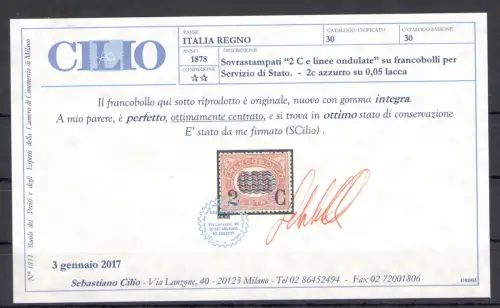 1878 Königreich Italien, 2 Cent auf 0,05 Lack, Nr. 30, Aufdruckservice, postfrisch** - Zertifikat Chilisch