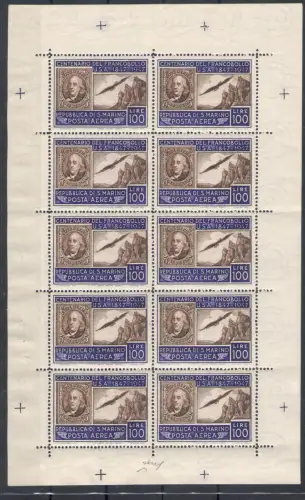1947 SAN MARINO, Amerikanisches Kleinblatt, Nr. 15 - Signiert Giulio Bolaffi und Garantiestempel - Wunderschön ohne Falten - MNH ** Raybaudi Gold Zertifikat