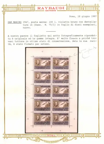 1947 SAN MARINO, Amerikanisches Kleinblatt, Nr. 15 - Signiert Giulio Bolaffi und Garantiestempel - Wunderschön ohne Falten - MNH ** Raybaudi Gold Zertifikat