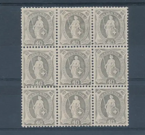 1907 SCHWEIZ - Schweiz in Füßen - 40 Cent grau, gezackt 11 1/2 x 11, 9er Block mit Briefmarke ohne Diadem, Ohne Diadem postfrisch**