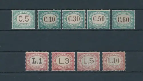 1897-1919 SAN MARINO, Segnatasse, Nr. 1/9 - MNH** - Garantiezertifikat Philatelia De Simoni