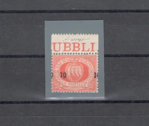 1892 SAN MARINO, Nr. 11h, 10 Cent auf 20 Cent rot - Aufdruck stark senkrecht verschoben - Zertifikat Chilio - postfrisch**
