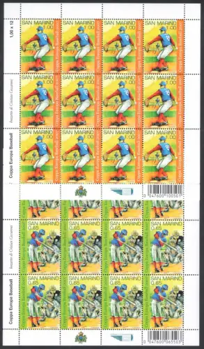 2007 San Marino, Baseball Europapokal 2007, Nr. 2145-46 - Kleinbogen 12 Werte mit Barcode, postfrisch **