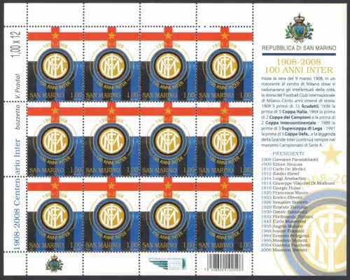 2008 San Marino, Centenario Fondazione Inter, Kleinbogen mit 12 Werten - postfrisch **