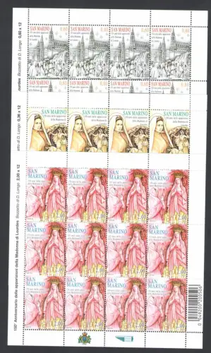 2008 San Marino, 150. Jahrestag der Erscheinung Madonna von Lourdes, Nr. 2180/82 - Kleinbogen 12 Werte mit Barcode, postfrisch**