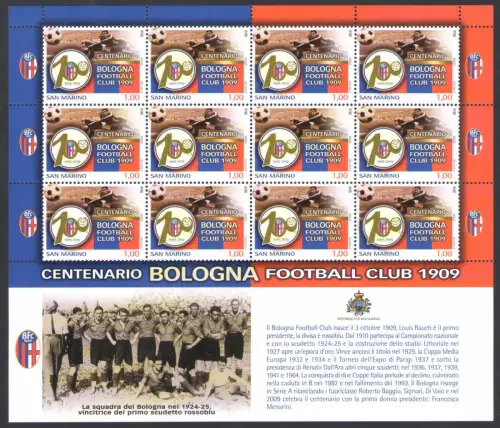 2009 San Marino, Centenario Fondazione Bologna Football Club Nr. 2247, Kleinbogen mit 12 Werten - postfrisch **