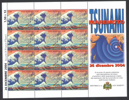 2005 San Marino, Tsunami - Flutwelle - zugunsten der Opfer, Nr. 2304 - Kleinbogen mit 12 Werten, postfrisch **