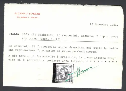 1863 Königreich Italien, Bildnis von Vittorio Emanuele II, Nr. 12, Lithographiedruck, postfrisch** - Sorani-Zertifikat