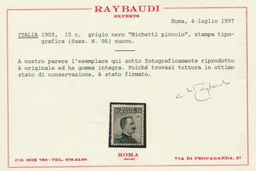 1909 IMNH ** Raybaudi Zertifikat - Signatur Vaccari - Raybaudi - Diena Nr. 86, 15 Cent grau, Michetti Druck, MNH ** Raybaudi Zertifikat