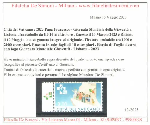2023 Vatikan, Weltjugendtag, Rückzug Nr. 1531, postfrisch **