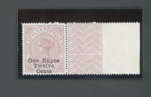 1885 Ceylon, Stanley Gibbons Nr. 176, 1r.12 on 2r.50 dull rose gezähnt 12 1/2 x 14, MNH ** Bogenrand