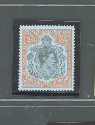 1938-53 BERMUDA, Stanley Gibbons Nr. 117c, GEORGE VI Portrait, 2s. 6d.schwarz und orange/grau blau - postfrisch** - dentellato 13